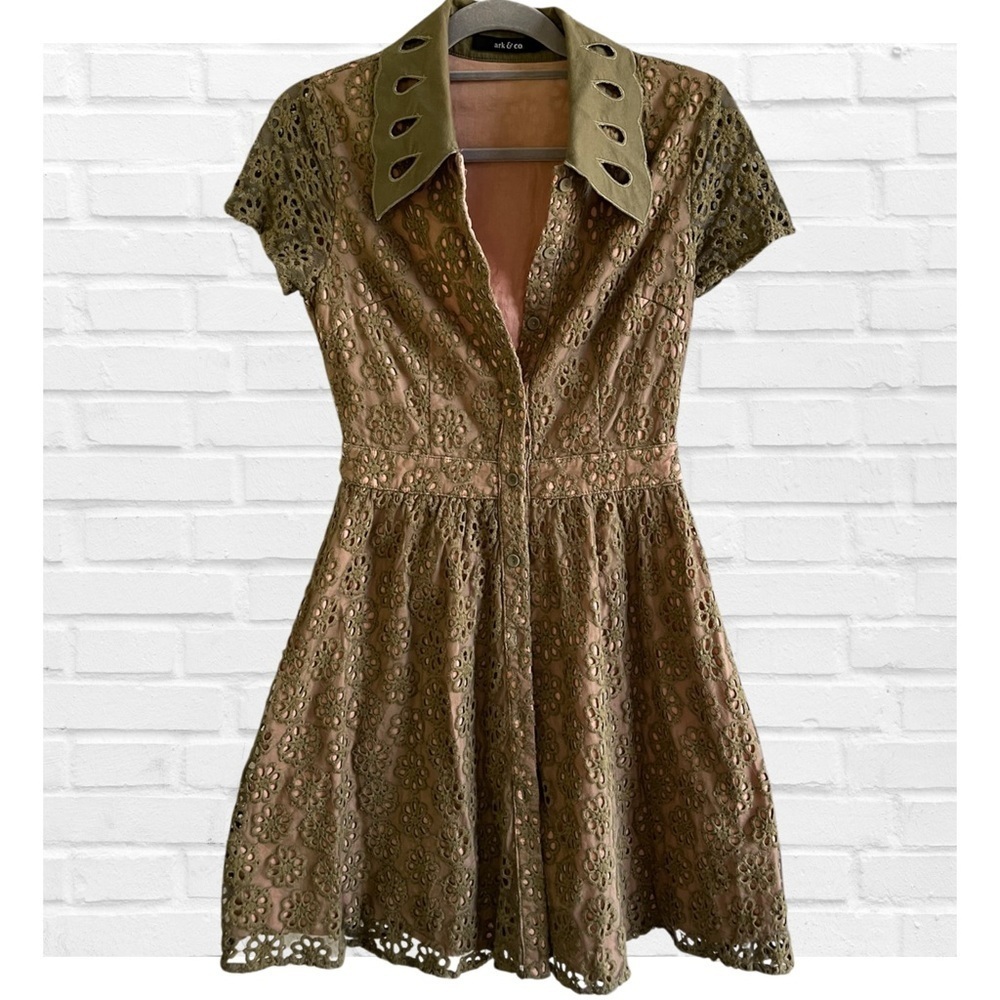 Anthropologie Ark and Co Olive Green Peplum Ruffled Lace Overlay Dress Medium - Picture 1 of 10